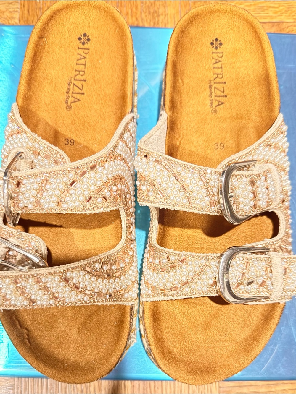 Women's Beaded Buckle Slide Sandals - Champagne